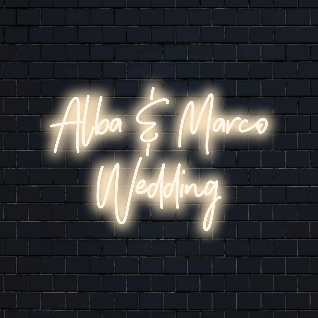 Alba _ Marco Wedding Personalized LED Neon Sign, soft neon glow against brick backdrop