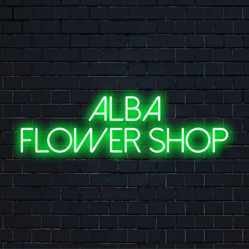 Alba Flower Shop Personalized LED Neon Sign, glowing wall decor against black brick wall