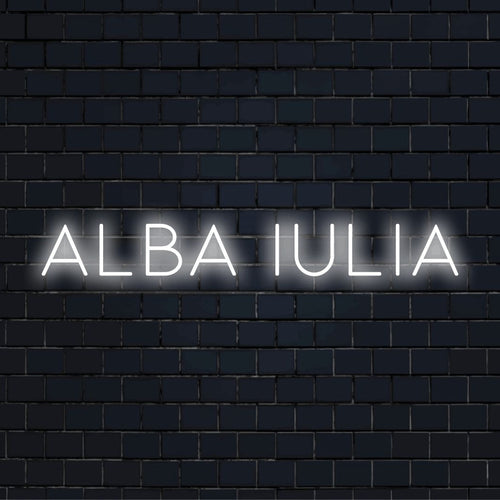 Alba Iulia Neon Sign, glowing wall decor on dark brick background