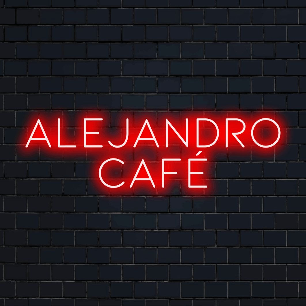 Alejandro Cafe Personalized LED Neon Sign, bright neon glow on dark brick wall