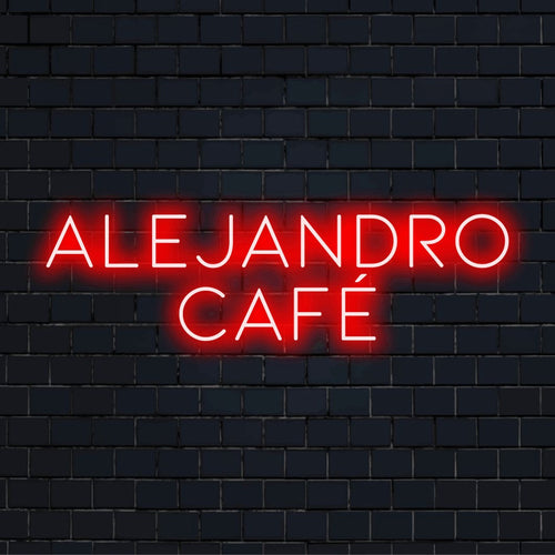 Alejandro Cafe Personalized LED Neon Sign, bright neon glow on dark brick wall