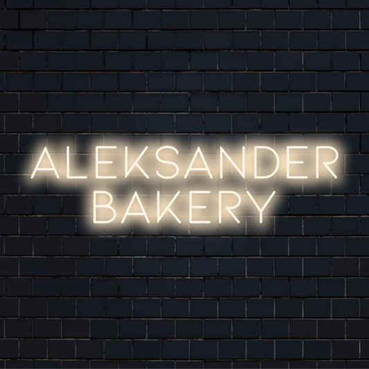 Aleksander Bakery Personalized LED Neon Sign, bright neon lettering on dark brick background