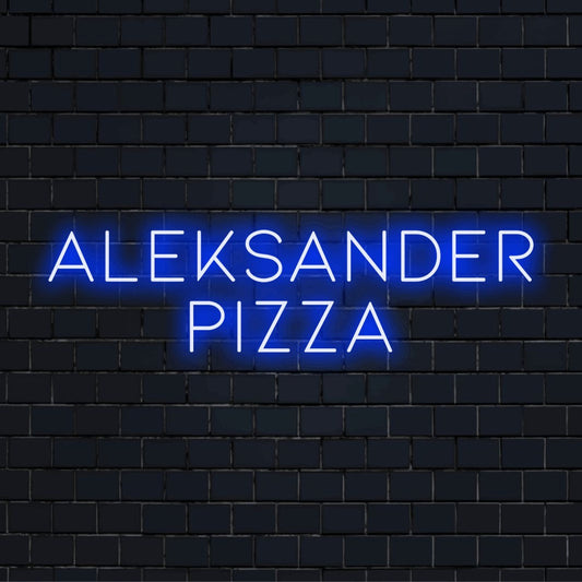 Aleksander Pizza Custom Name Neon Sign, bright neon glow against black brick wall