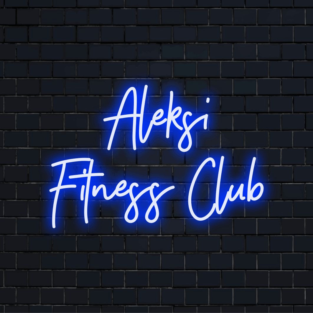 Aleksi Fitness Club Personalized LED Neon Sign, neon text light on dark brick background