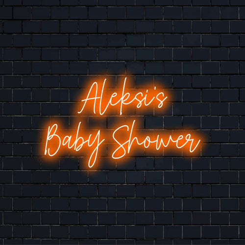 Aleksi_s Baby Shower Personalized LED Neon Sign, soft neon glow against brick backdrop