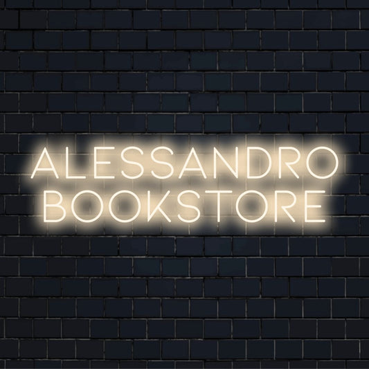 Alessandro Bookstore Personalized LED Neon Sign, glowing wall decor against brick backdrop
