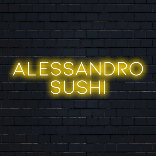 Alessandro Sushi Custom Name Neon Sign, glowing wall decor against brick backdrop