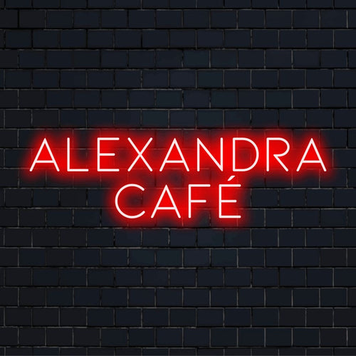 Alexandra Cafe Custom Name Neon Sign, neon text light on dark brick background
