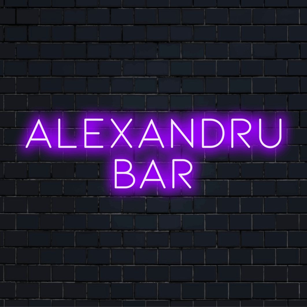 Alexandru Bar Personalized LED Neon Sign, bright neon glow on dark brick wall