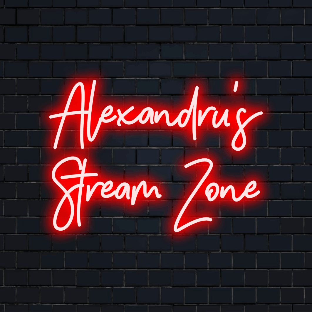 Alexandru_s Stream Zone Custom Name Neon Sign, bright LED glow against brick backdrop