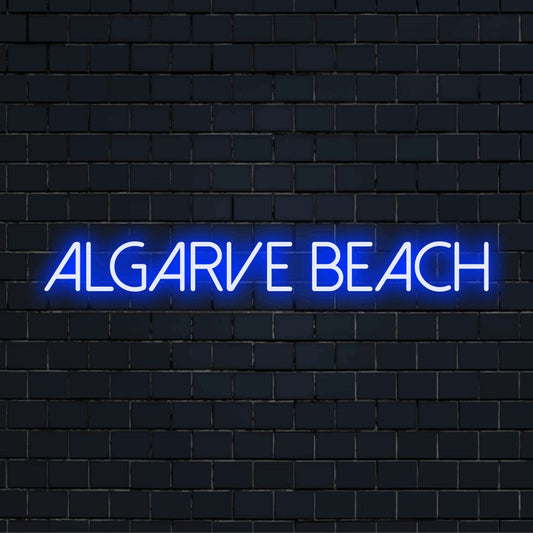 Algarve Beach LED Neon Sign, bright LED glow against brick backdrop