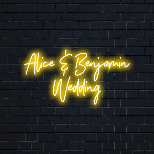 Alice _ Benjamin Wedding Personalized LED Neon Sign, neon text light on dark brick background
