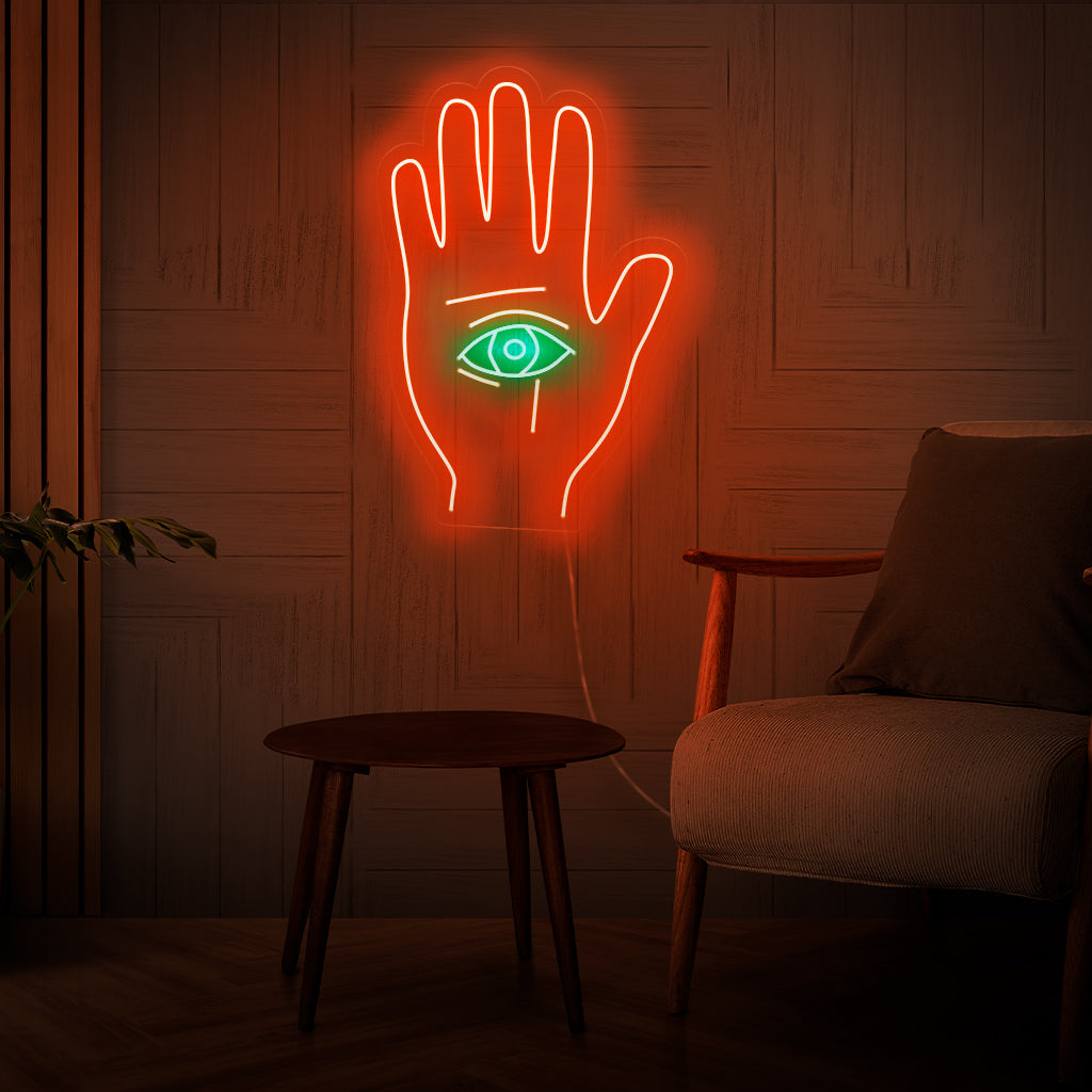 Handgjorda allseende öga på en palm neonskylt, en mystisk och andlig symbol, perfekt som lätt väggkonst.