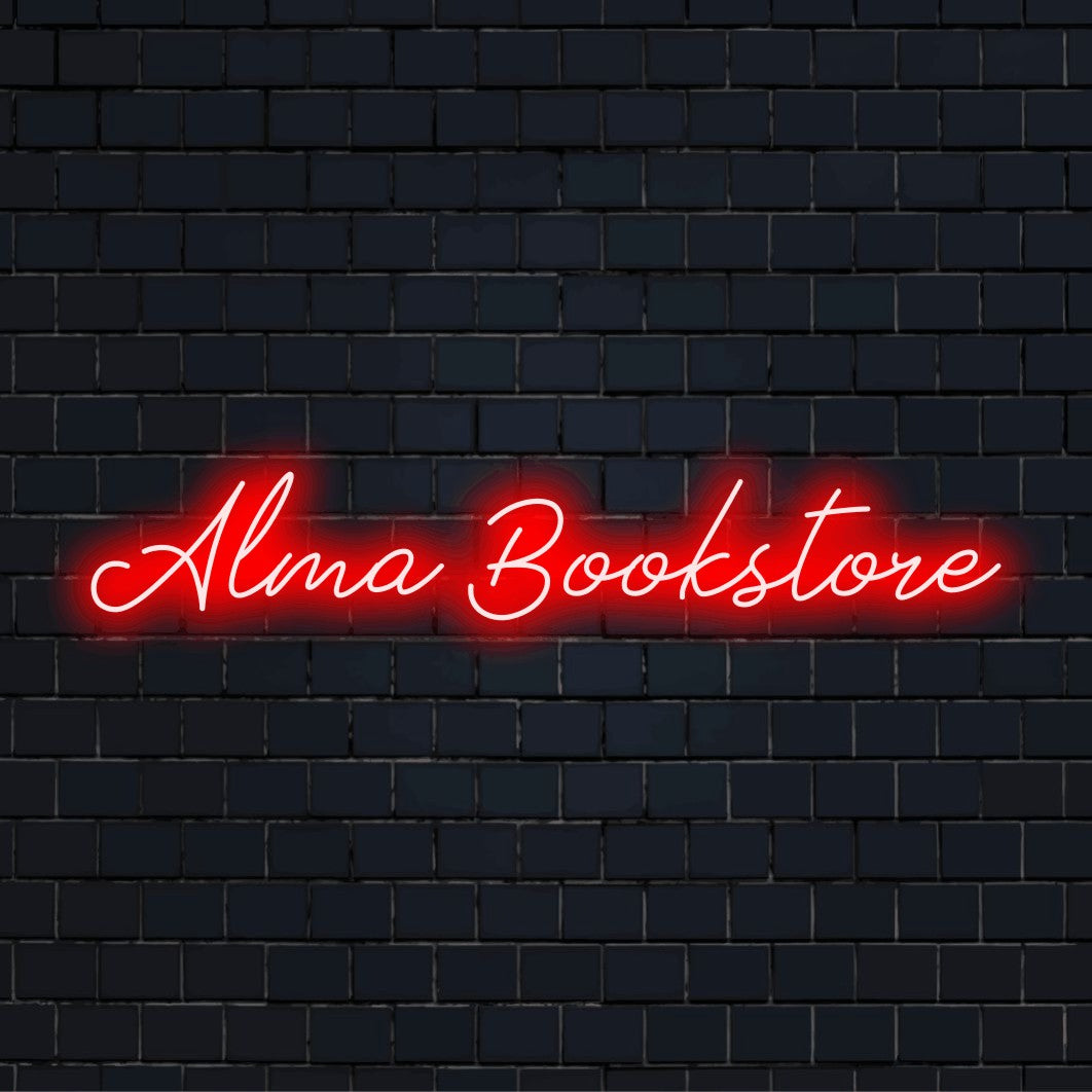 Alma Bookstore Custom Name Neon Sign, soft neon glow on black brick background