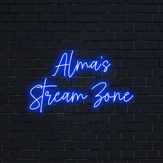 Alma_s Stream Zone Personalized LED Neon Sign, glowing wall decor on dark brick background