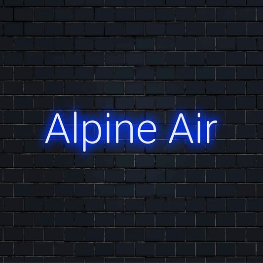 Alpine Air Neon Sign, neon text light against brick backdrop