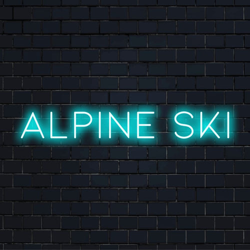 Alpine Ski LED Neon Sign, soft neon glow on dark brick background
