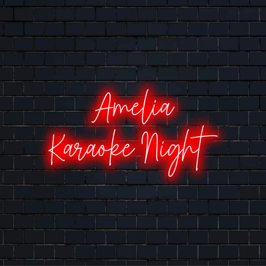 Amelia Karaoke Night Personalized Neon Light with bright neon lettering on black brick background