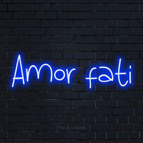 "Amor Fati" neon text design on a black brick wall