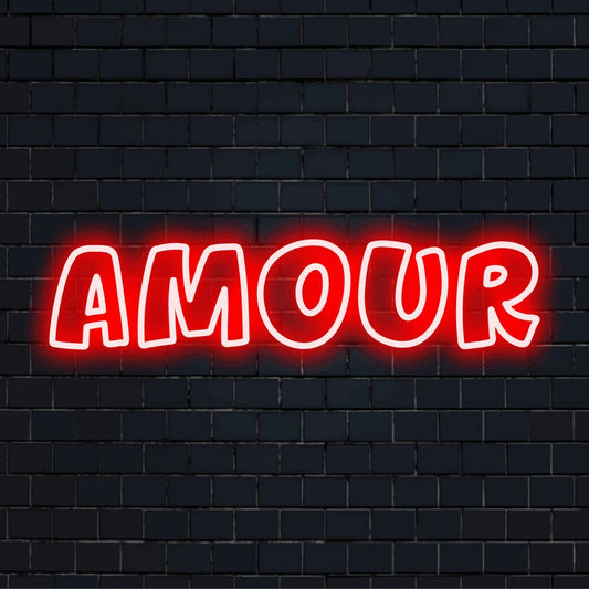 Amour LED Neon Sign, glowing neon text against black brick wall