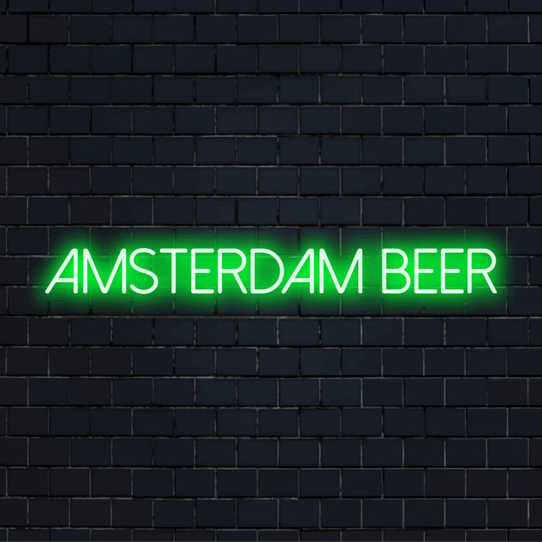 Amsterdam Beer LED Neon Sign, bright LED glow against brick backdrop