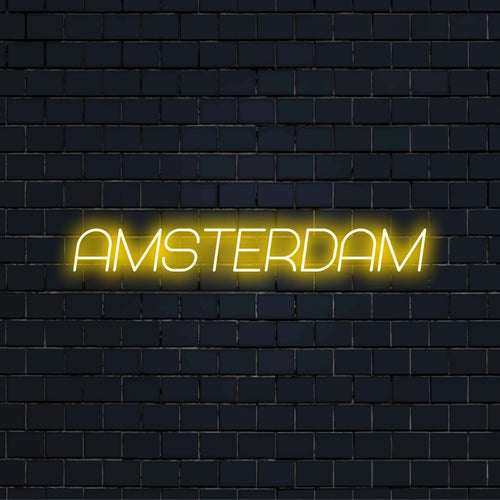 Amsterdam Neon Sign, neon text light on dark brick background