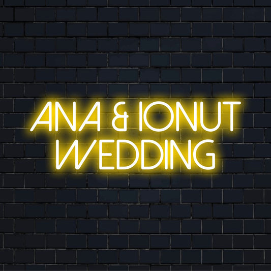 Ana _ Ionut Wedding Custom Name Neon Sign, glowing wall decor on dark brick background
