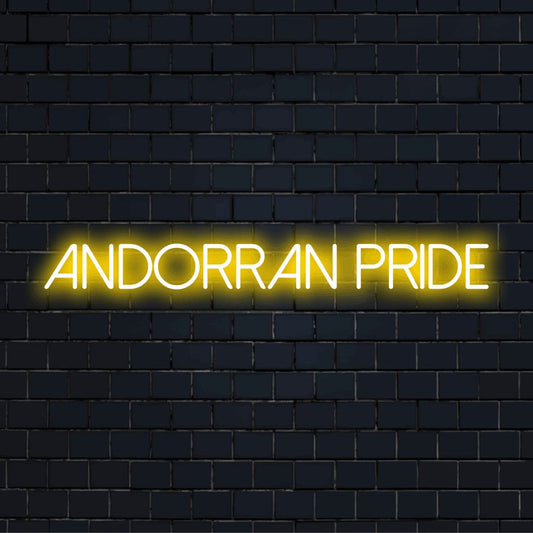 Andorran Pride Neon Sign, bright LED glow on dark brick background