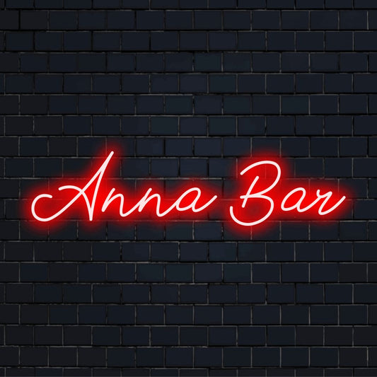 Anna Bar Custom Name Neon Sign, glowing wall decor on dark brick wall