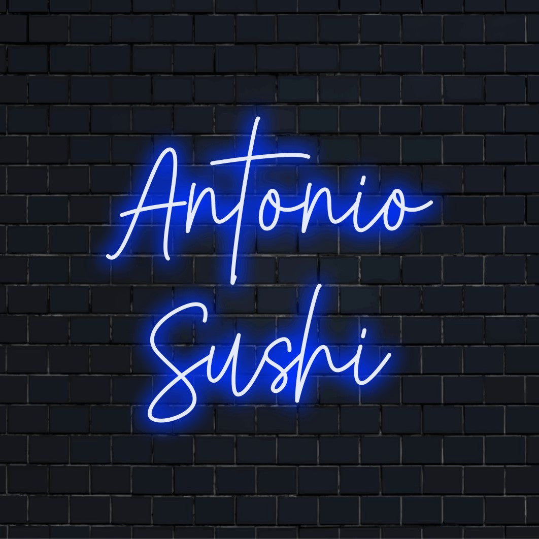 Antonio Sushi Personalized LED Neon Sign, bright LED glow on dark brick wall