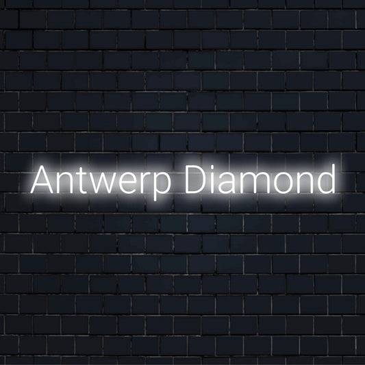 Antwerp Diamond Neon Light with glowing neon text against black brick wall