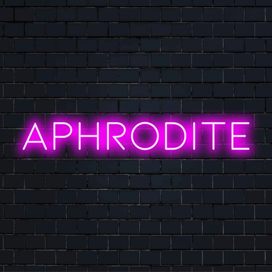 Aphrodite Neon Light with soft neon glow on dark brick background