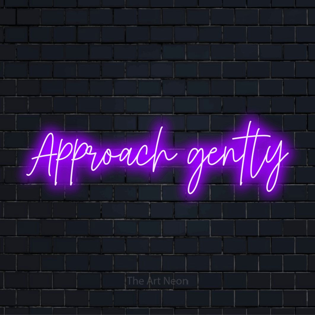 "Approach Gently" glowing LED neon sign on a black brick wall