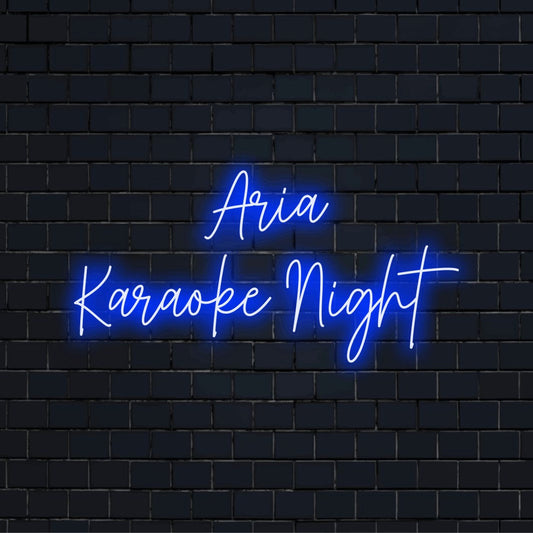Aria Karaoke Night Custom Name Neon Sign, glowing wall decor on dark brick background