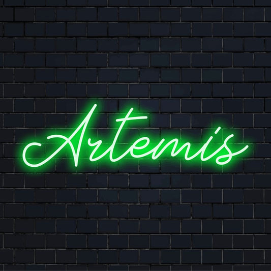 Artemis LED Neon Sign, glowing neon text on black brick background