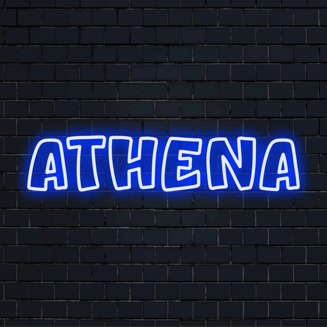 Athena Neon Sign, bright LED glow against brick backdrop