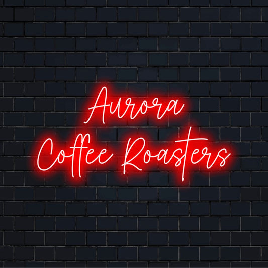 Aurora Coffee Roasters Custom Name Neon Sign, bright neon lettering on black brick background