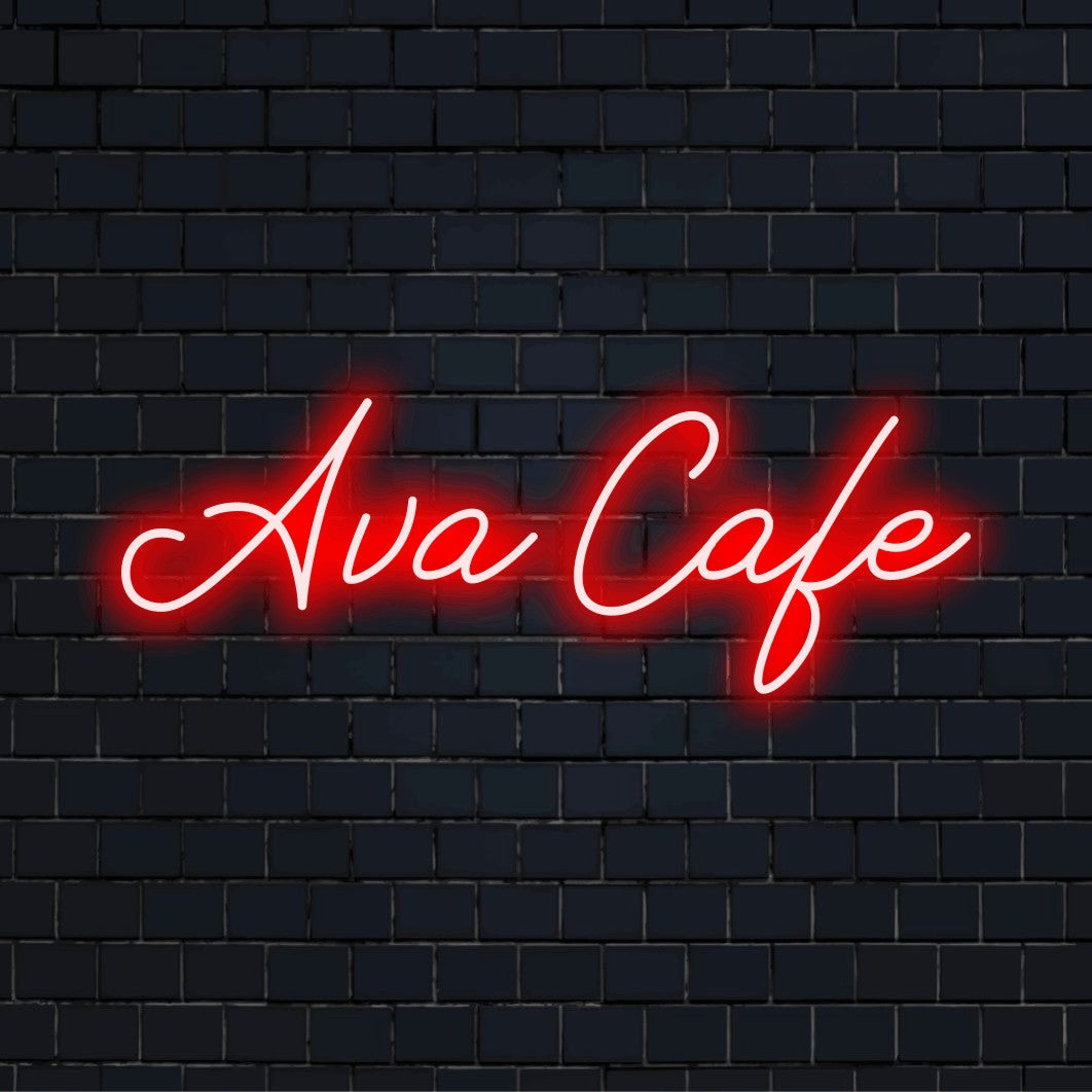 Ava Cafe Custom Name Neon Sign, soft neon glow against brick backdrop