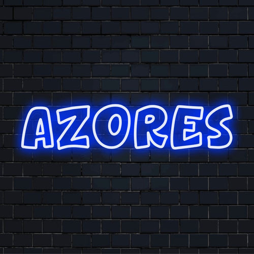 Azores Neon Sign, bright LED glow on black brick background