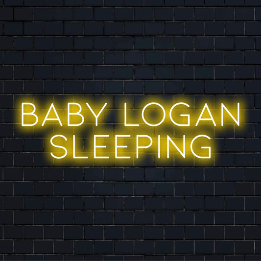 Baby Logan Sleeping Custom Name Neon Sign, bright neon lettering on black brick background