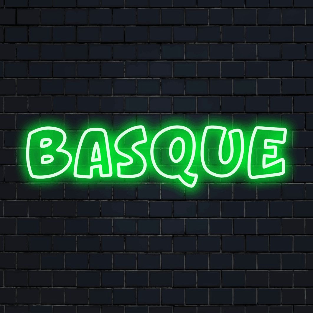 Basque Neon Sign, bright LED glow against brick backdrop