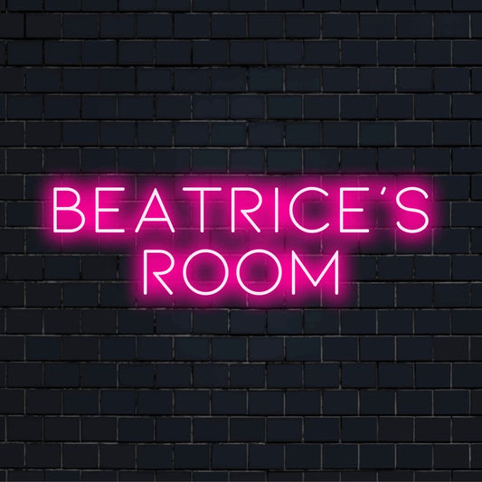 Beatrice_s Room Custom Name Neon Sign, bright LED glow on dark brick wall