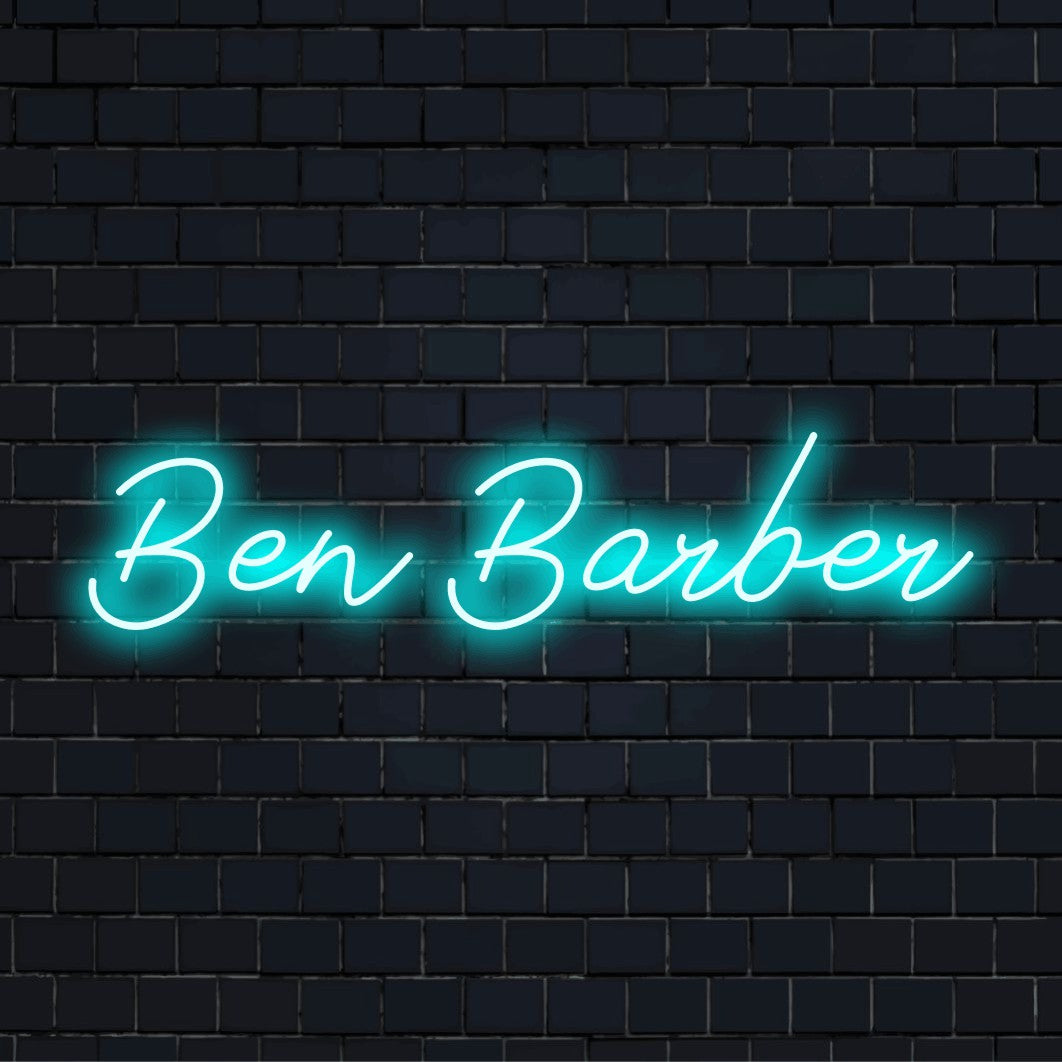 Ben Barber Personalized LED Neon Sign, soft neon glow on dark brick wall