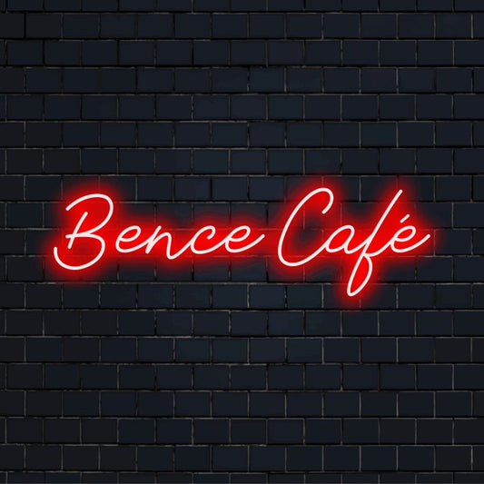 Bence Cafe Custom Name Neon Sign, bright neon glow on dark brick background