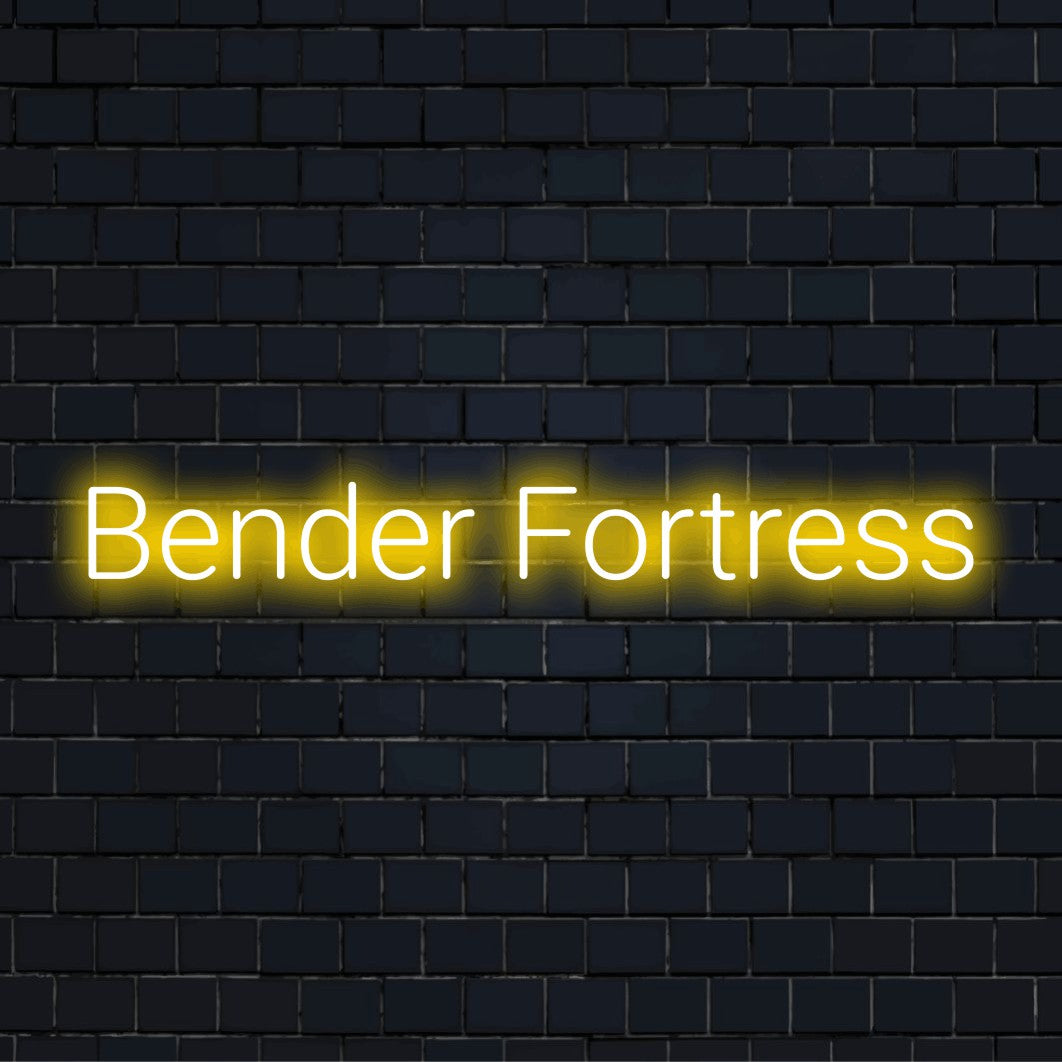 Bender Fortress Neon Light with glowing lettering against black brick wall