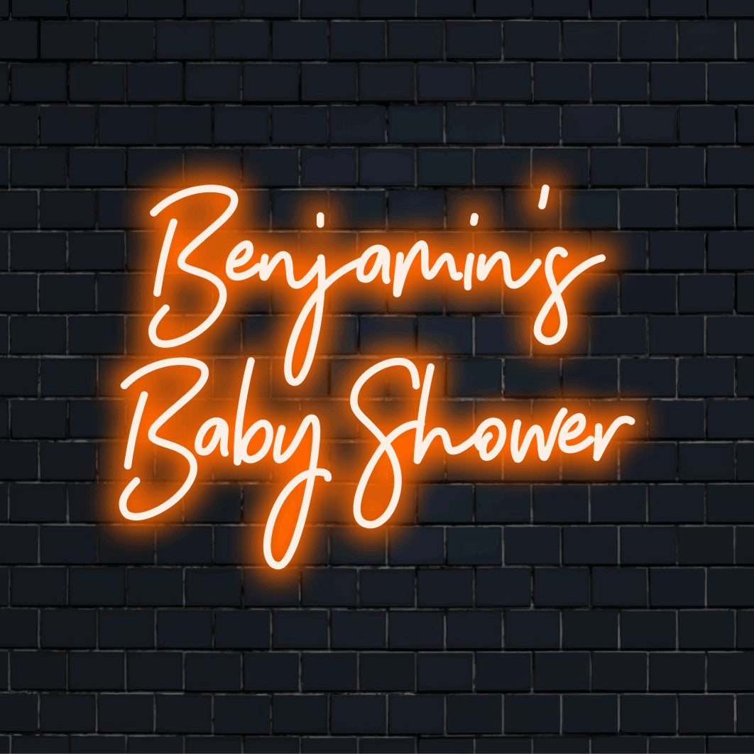 Benjamin_s Baby Shower Personalized LED Neon Sign, bright neon lettering against brick backdrop