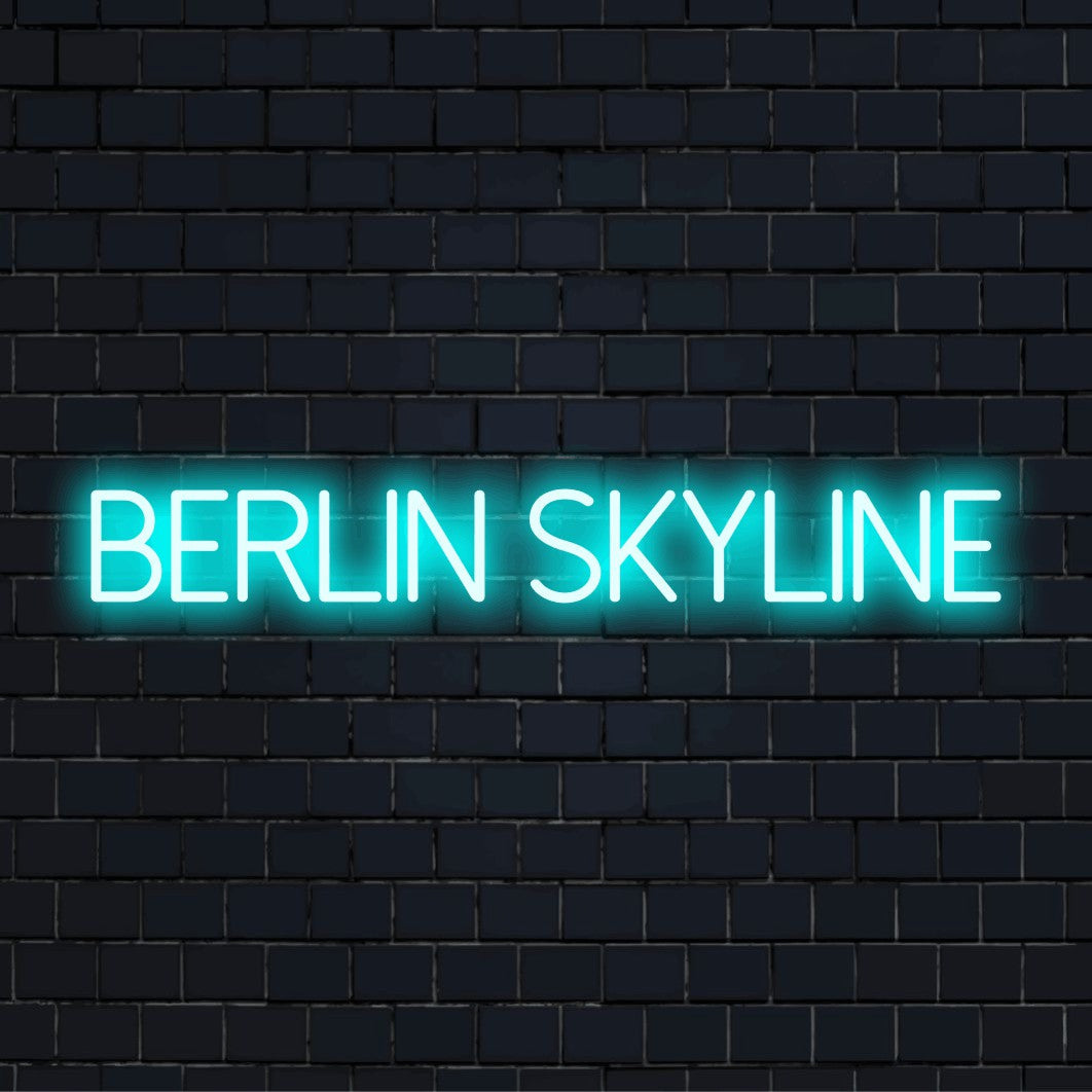 Berlin Skyline LED Neon Sign, bright neon glow against black brick wall