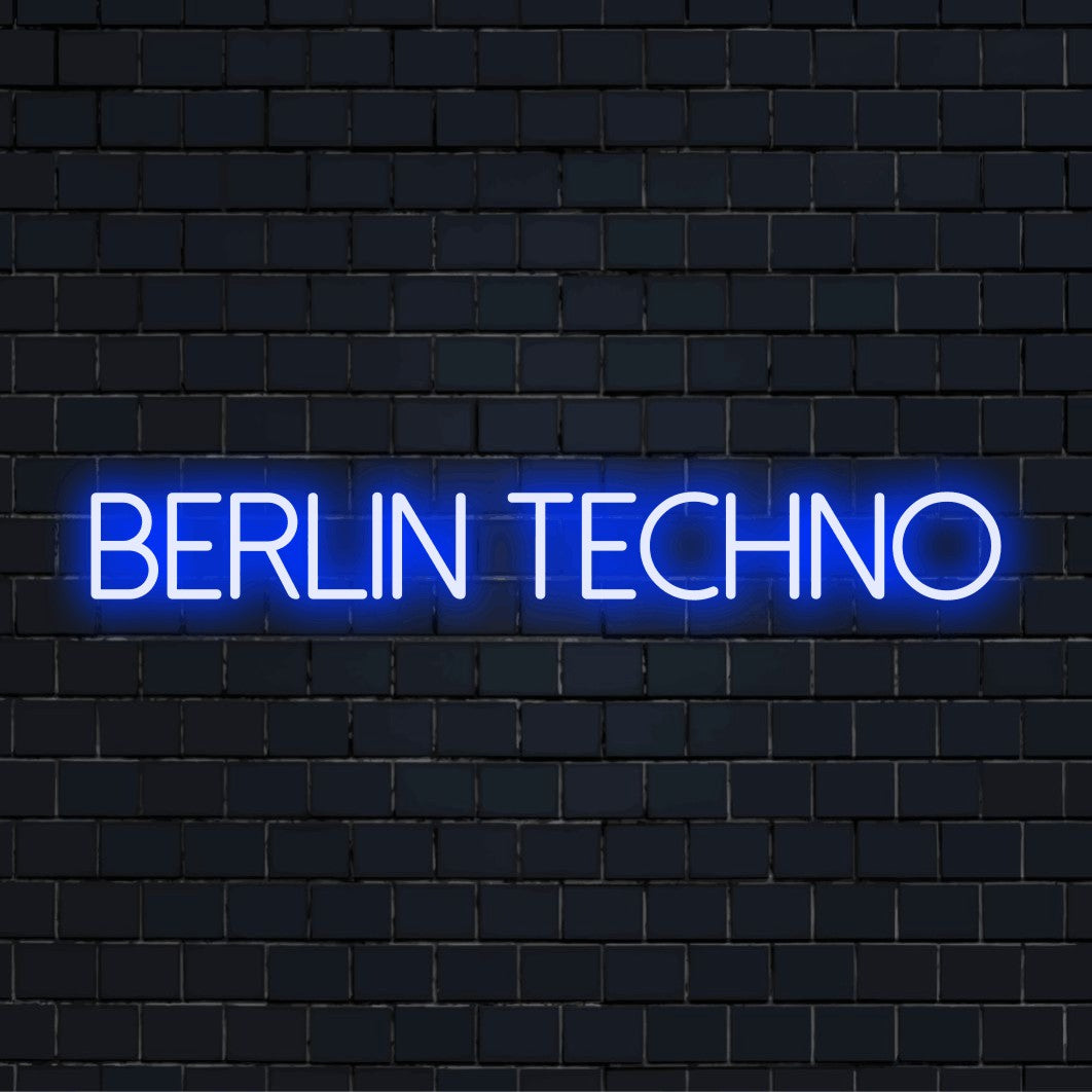 Berlin Techno Neon Light with glowing wall decor on dark brick background