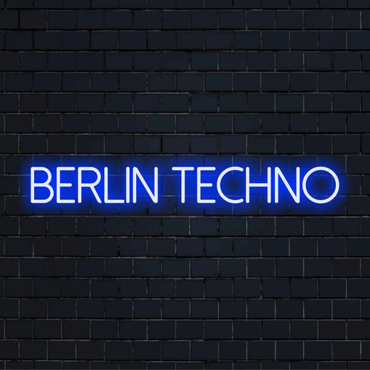 Berlin Techno Neon Light with glowing wall decor on dark brick background