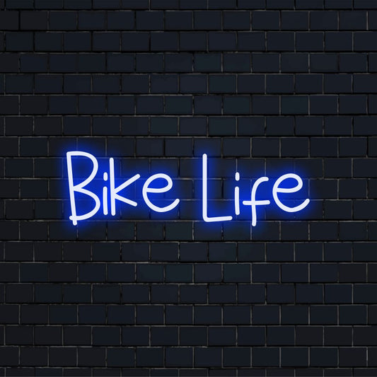 Bike Life LED Neon Sign, bright neon lettering on dark brick wall